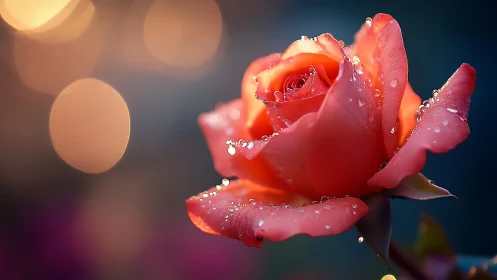 Coral-Red Rose with Dewdrops: High-Key Backlighting and Bokeh Composition