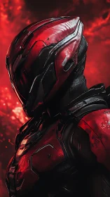 Red armored sci‑fi figure in profile against red clouds.