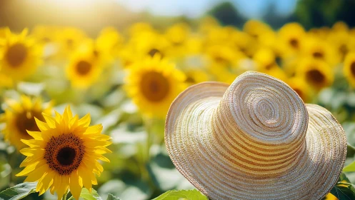 Optically crisp straw hat foregrounding defocused sunflower field.