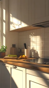 Sunlit kitchen worktop shows utensils, produce and tiled wall