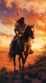 Warrior on horseback rides through blazing desert sunset.