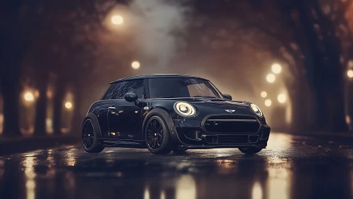 Sport compact coupe on wet city street at dusk.