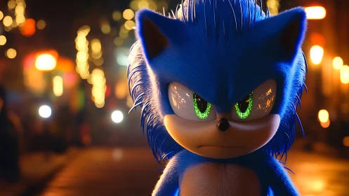 Blue hedgehog character glares amid neon city bokeh lights.