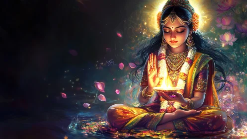 Seated figure holds illuminated diya in ornate digital artwork
