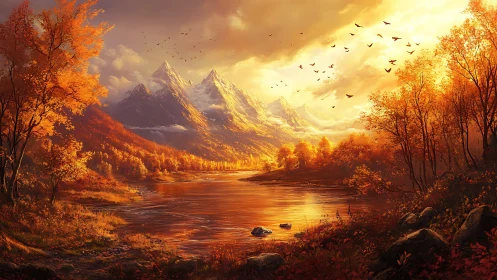 Autumn mountainside river under golden sunset light glow.