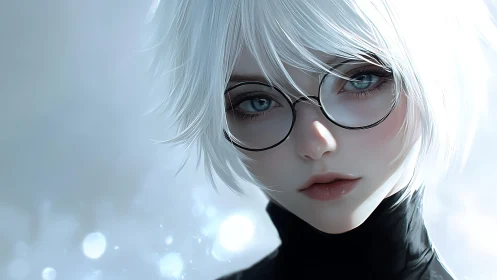 White haired anime girl with glasses in soft light.