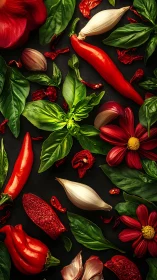 Red chili peppers, basil leaves, garlic and flowers form flatlay