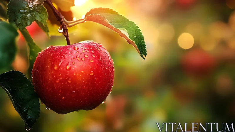 Sunlit red apple hangs glowing with fresh morning dew.