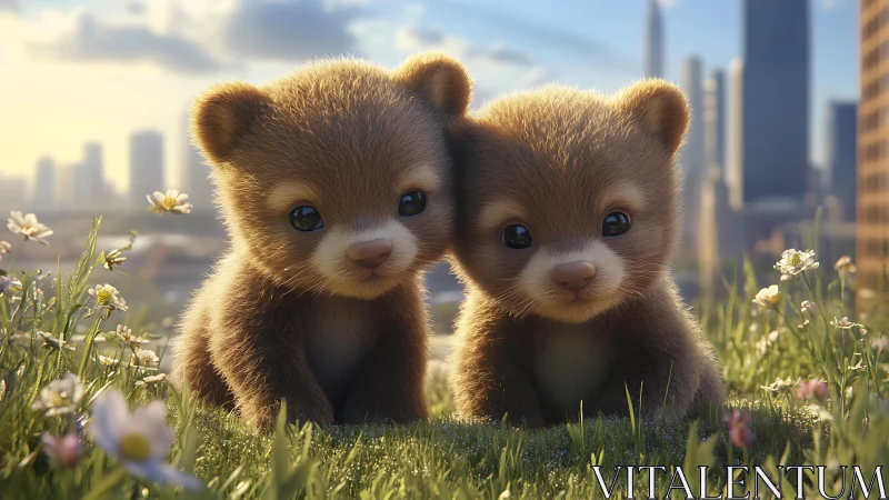 Hyperreal baby bear cub duo in grass, shallow DOF lighting