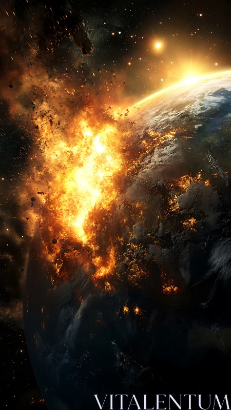 Cinematic 3D rendering of apocalyptic asteroid impact event.