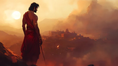Sunlit warrior overlooking a misty ancient valley city.