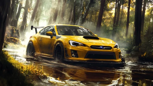 Yellow rally beast car claws through a misty golden forest.