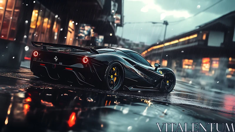 Midnight hypercar prowls neon rain streets in liquid chrome.