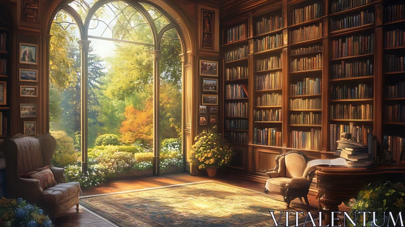 Sunlit library sanctuary opening into a story-drenched garden.