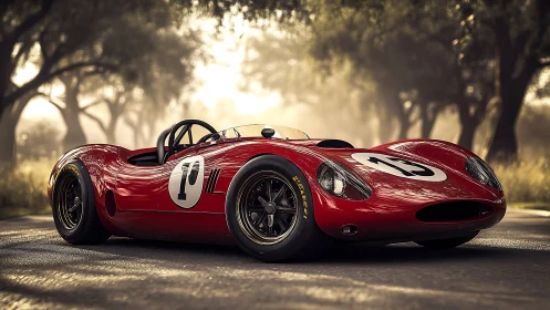Red vintage race car is parked on a sunlit forest road