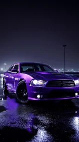 Midnight muscle car bathed in neon violet rainlight.