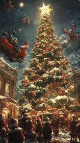 Starlit town square crowned by a towering enchanted Christmas tree.
