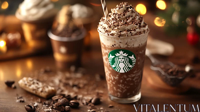 Iced mocha frappuccino with whipped cream in warm bokeh light.