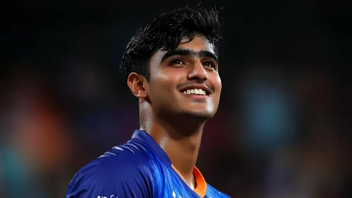 Smiling young athlete looks upward under stadium lights