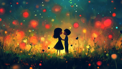 Silhouetted figures embrace amid glowing luminescent field.