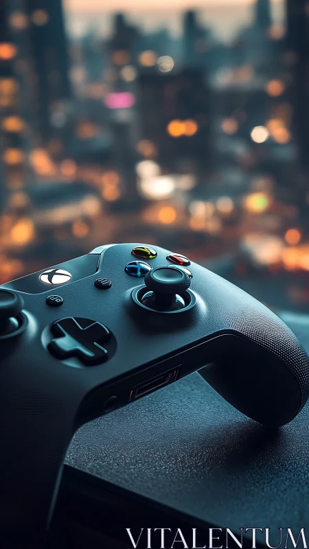 Gaming controller overlooking blurred cityscape at dusk