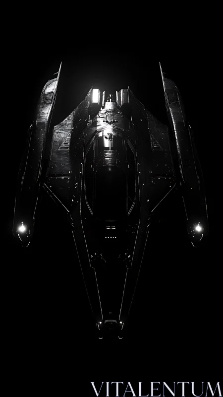 Stealth starfighter silhouette under hard rim lighting.