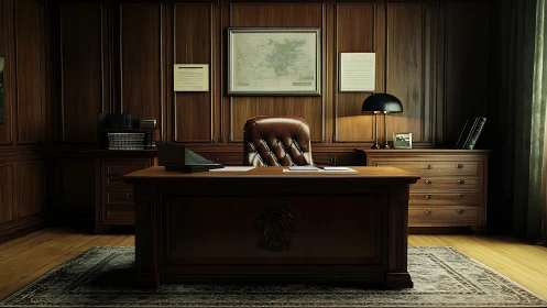 Executive mahogany office with classic leather chair focus.