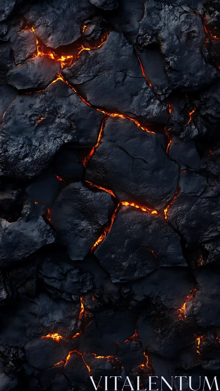 Incandescent Fractured Basalt Surface with Active Magma Flow Channels