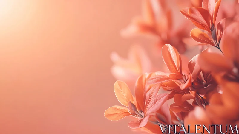 Coral-toned botanical close-up with soft lateral bokeh glow.