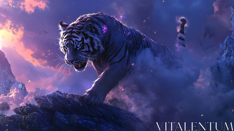 Starlit phantom tiger strides through clouds like cracked thunder