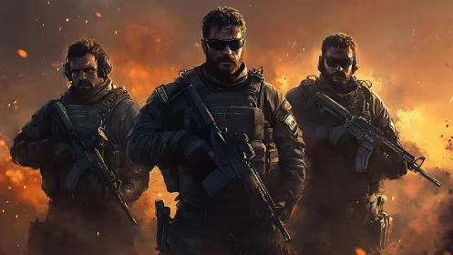 Three armed tactical operators stand before explosive backdrop