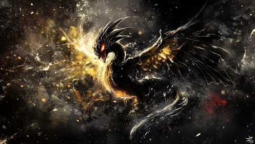 Fierce cosmic dragon bursts from swirling golden starlight