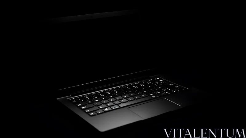 Low key photoreal laptop with illuminated keyboard in void.
