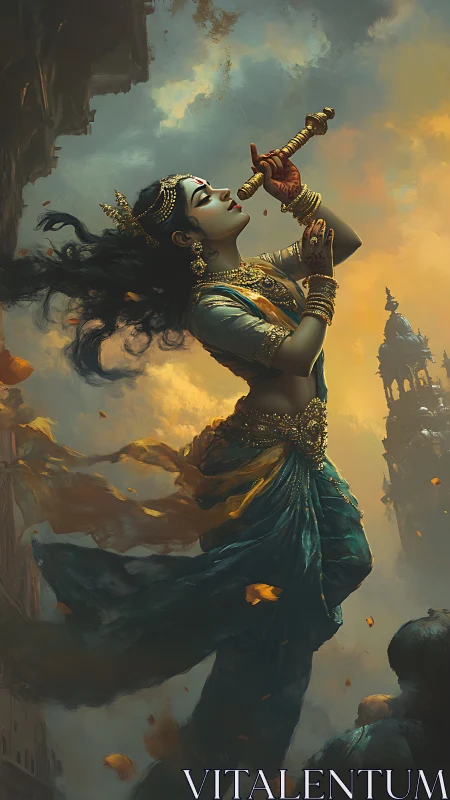 Divine dancer rises through stormlit petals and ruins.