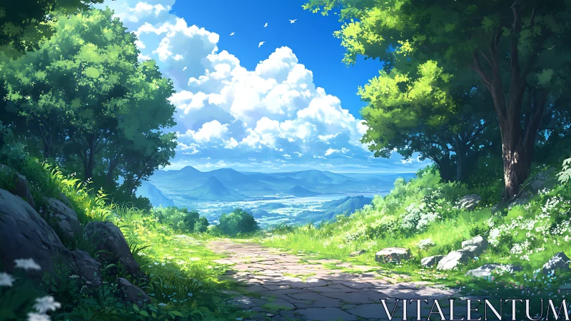 Sunlit hillside path overlooks distant valley and mountains