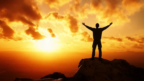 Silhouette of person on rocky peak against bright sunset sky.