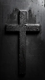 Textured black cruciform with wet surface micro-reflections.