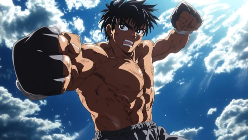 Dynamic anime boxer throws powerful punch against sky backdrop