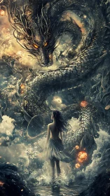 Human figure facing serpentine dragon in turbulent seascape.