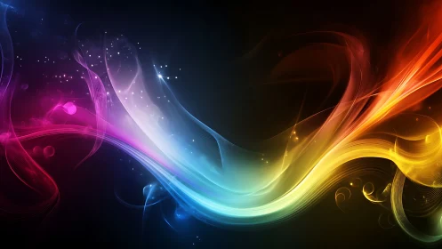 Glowing rainbow ribbons flow across a dreamy night sky.