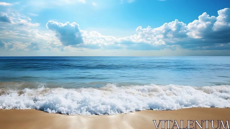 Gentle ocean waves roll onto a sunlit sandy shoreline