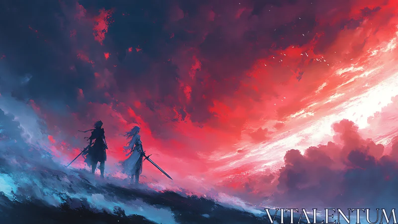 Swords at the horizon where crimson stormlight gathers.