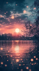Glowing sunset over calm lake with floating light orbs.