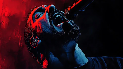 Vocalist in high-contrast red blue lighting sings into stage mic