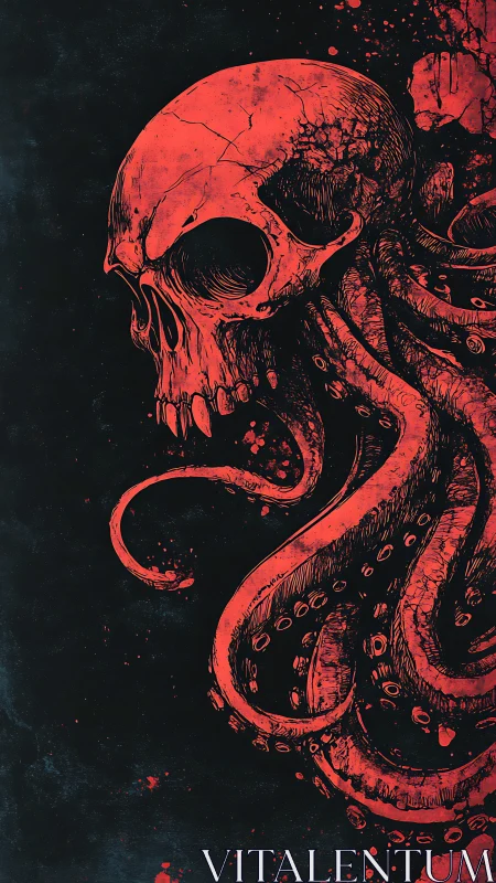 Crimson skull entwined with serpentine tentacles in void.