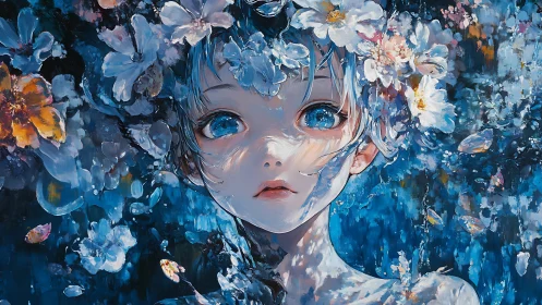 Chromatic portrait of floral-crowned figure in aqueous bloom.