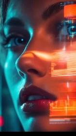 Cyber-lit female portrait with neon HUD reflections.