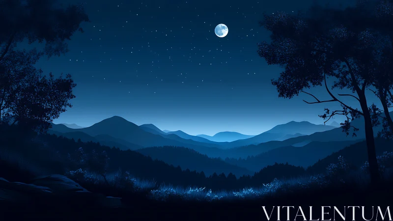 Moonlit blue mountains under starry midnight sky.
