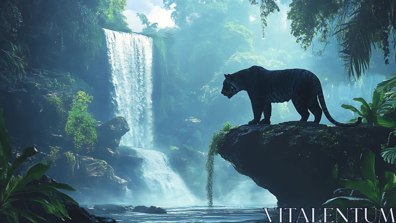 Black Panther Silhouette on Rocky Outcrop Above Cascading Waterfall.