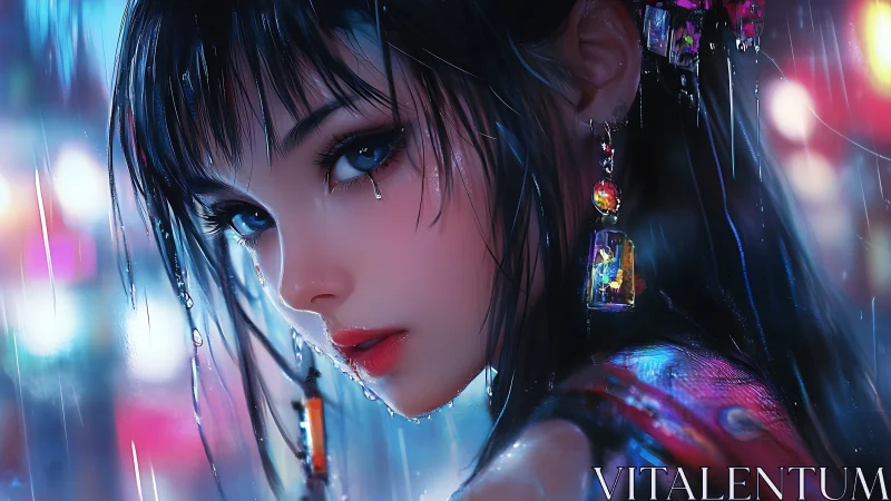 Cyberpunk rain portrait in luminous neon close-up composition.